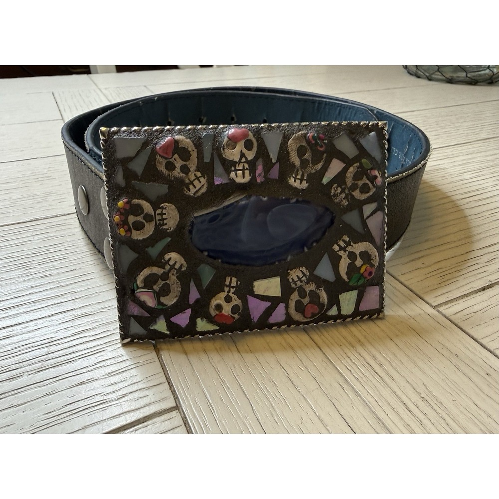 Genuine‎ Italian Leather Belt Sz S Handcrafted Mosaic Skull Silver Buckle Grunge